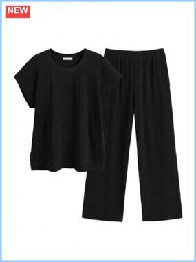 Ribbed Knit Short Sleeve Wide Leg Pant Set Two Piece Lounge Set